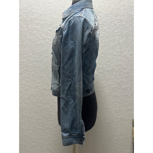 Hollister Womens Blue Denim Trucker Jacket Light Wash Floral Pocket Lining Small - Picture 3 of 10